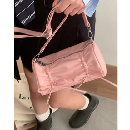 eybag Pleated Pink Women Shoulder Bag Bow Pillow Leather Sweet Elegant Fashion Handbag Gentle Casual Exquisite Ladies Armpit Bag