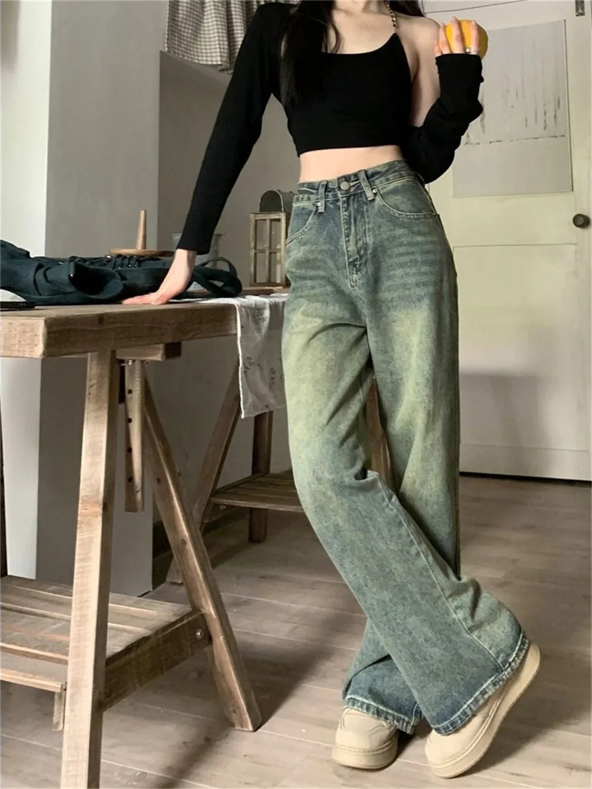 eybag Y2k Wide Leg Women Pants Vintage Blue Jeans Casual 2024 New Washed Pant Streetwear Denim Trousers Femme Baggy Clothes Chic Basic