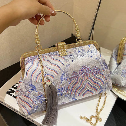 eybag 2024 Vintage Women Floral Clutch Designer Lock Shell Clip Handmade Chain Shoulder Bags Crossbody Bags Tassel Glitter Handbags