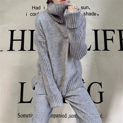 eybag Knitted Loose Turtleneck Sweater Suit Autumn Winter Outfits For Women Solid Long Sleeve Top Wide Leg Pant Sets Fashion Outwear