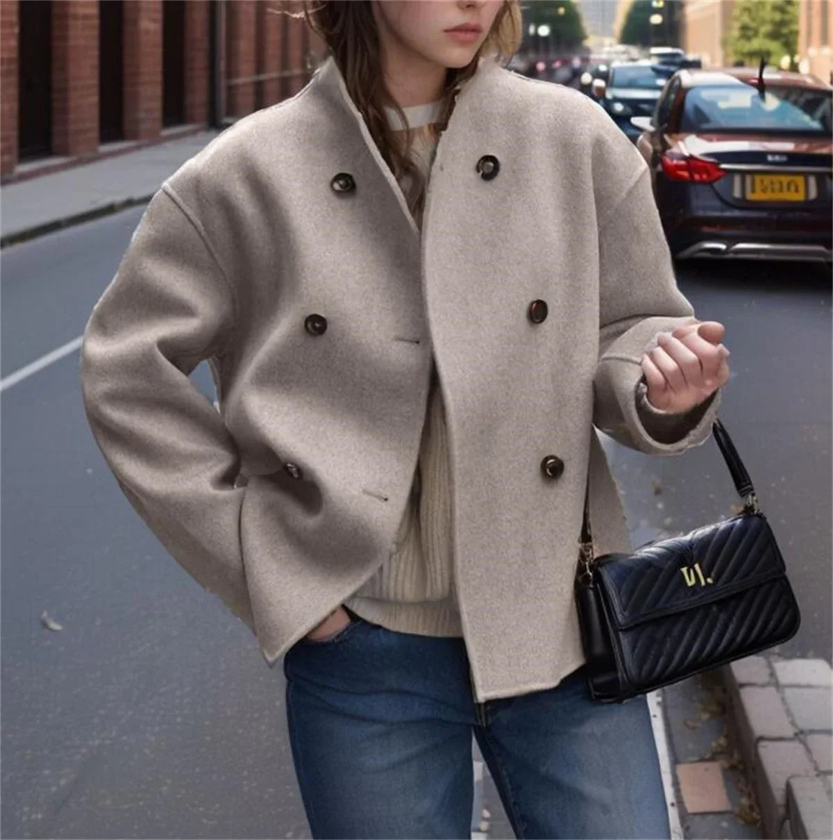 eybag Vintage Woollen Coat For Women Stand Collar Double Breasted Jacket 2024 New In Streetwear Office Lady Autumn Winter Outfit Coats