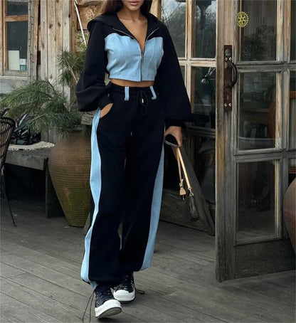 eybag Fashion Patchwork Casual Hoodie Set Women Denim Match Hoodies Crop Top Elastic Waist Wide Leg Pants Suit Lady Streetwear Casual