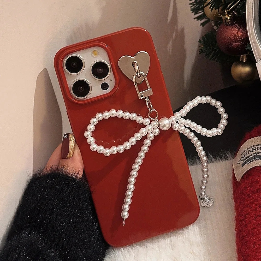 eybag Pearl Bow Pendant Phone Case for IPhone 14 13 12 11 15 Pro Max Funda for Iphone 15 14 Plus Wine Red Silicone Shockproof Cover