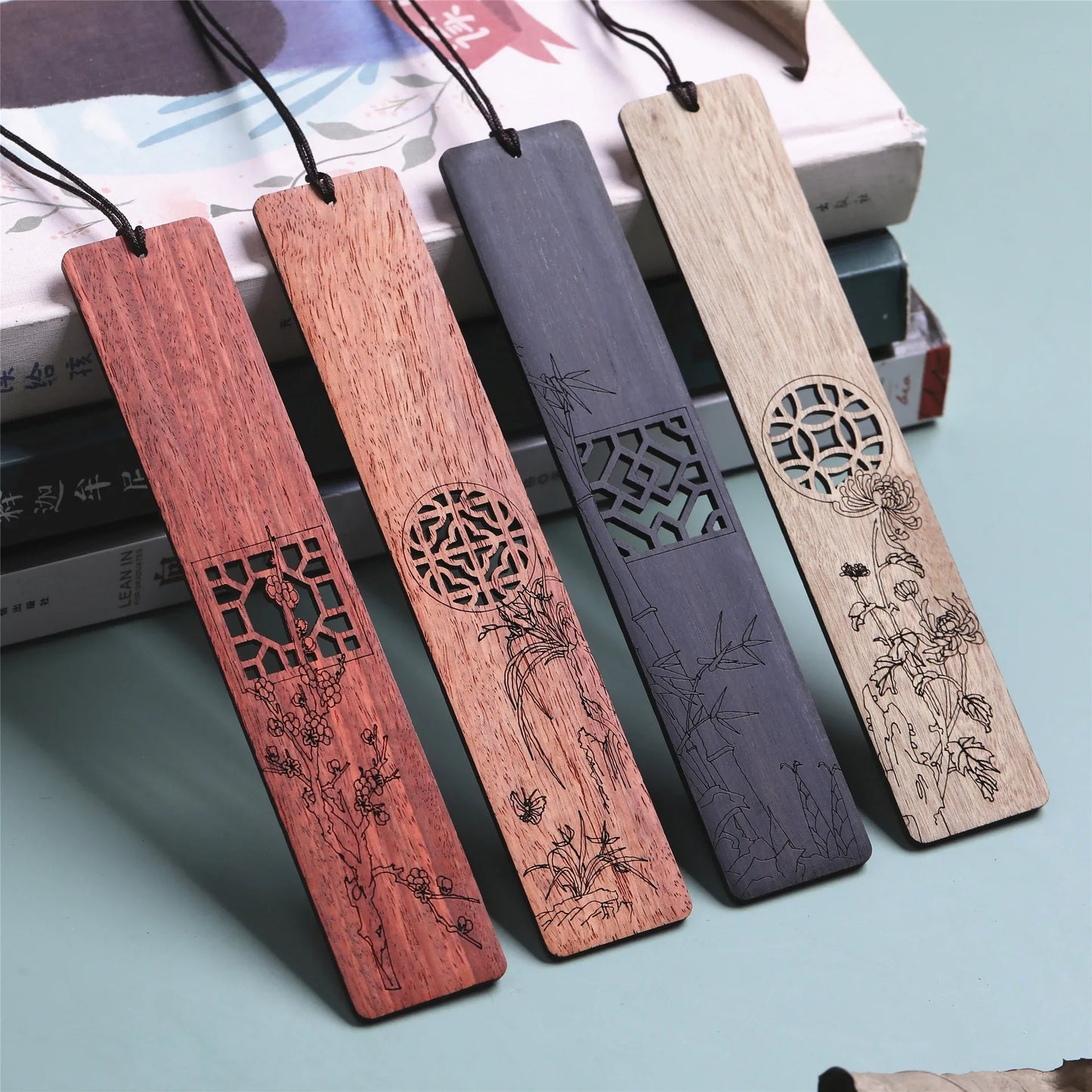 eybag Simple Carving Wooden Bookmarks Chinese Style Plum Orchid Bamboo Pattern Book Mark Reading Tools Vintage Stationery Supplies