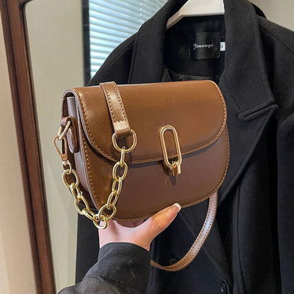 eybag Vintage Shoulder Crossbody Bags for Women Winter PU Leather Small Women's Saddle bag Fashion Handbag Chain Black Brown