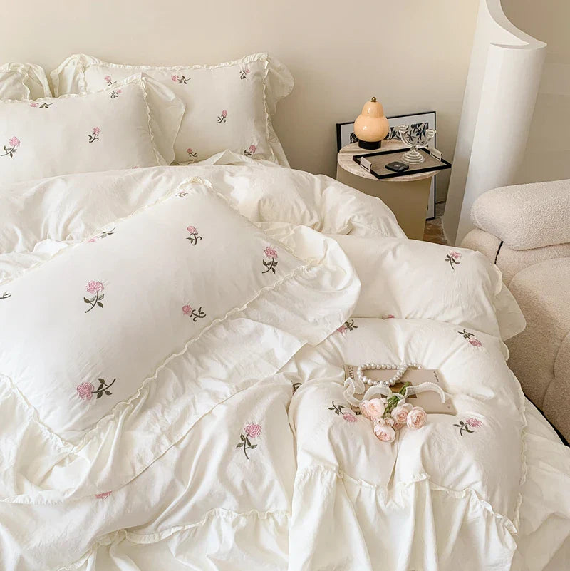 -Rose Flowers Embroidery Ruffle Lace Bedding Set for Girls, Washed Cotton Duvet Cover, Skin Friendly, Bed Sheet, Pillowcases