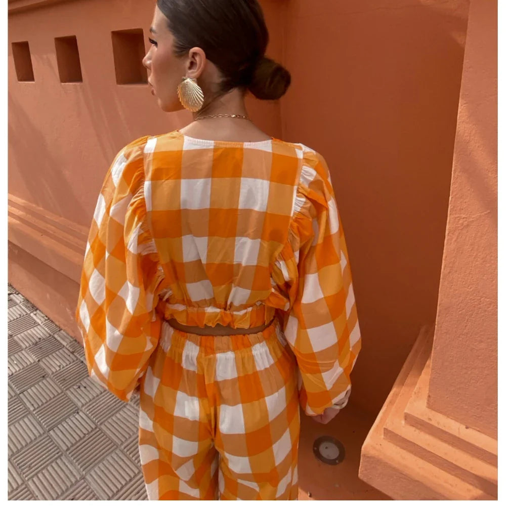 eybag Causal Plaid Two Piece Set Women Elegant Long Sleeve Crop Top and High Waist Pant Sets Summer Orange Loose Holiday Outfits 2024