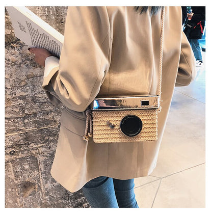 eybag Fun Designer Bag 2022 New Women Fashion Camera Straw Woven Handbag Female One Shoulder Bag Crossbody Bag Flap Purse