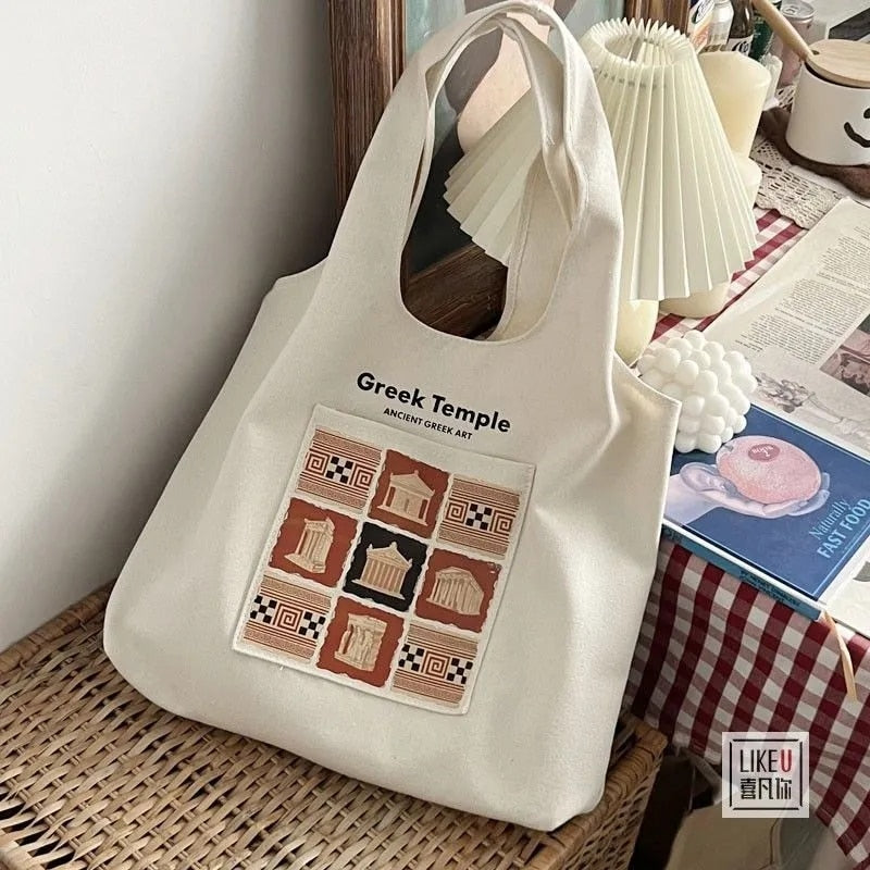 eybag Canvas Tote Bags for Women 2022 Large Ladies Cotton Cloth Handbag Greek Temple Print Female Shoppers Reusable Shopping Beach Bag