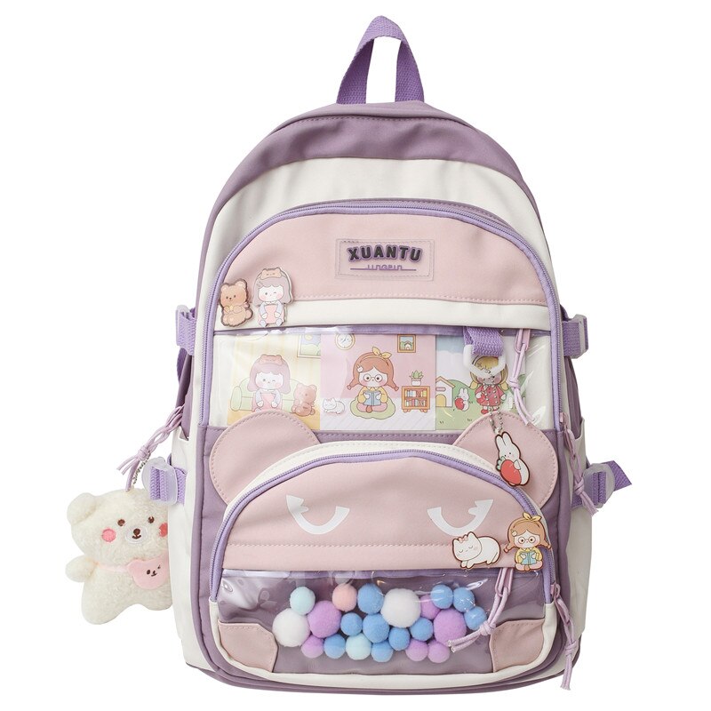 eybag New Multi-pocket Pink Kawaii Girls School Backpack For Teenager Female Book Schoolbag Women Transparent PVC  Nylon Mochila