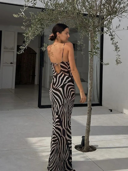 eybag Chiffon Zebra Print Beach Dress Women Sexy See Through Sim Long Party Dresses Summer Spaghetti Strap Backless Holiday Dress 2024