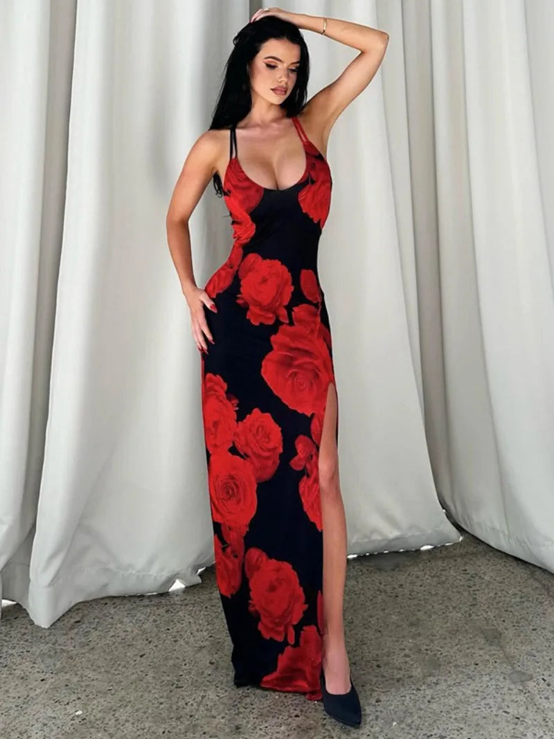 eybag Women's Red Flowers Print High Slit Slip Dress 2024 Summer Elegant Sexy Backless High Waist Sleeveless Long Maxi Holiday Dresses