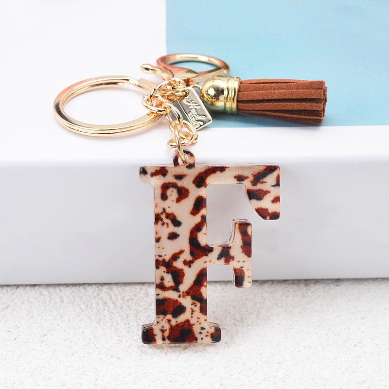 Lkblock Fashion Acrylic Leopard Letter Keychain With Tassel Fashion Couple 26 A-Z Initial Letter Pendant With Key Ring For Women Bag