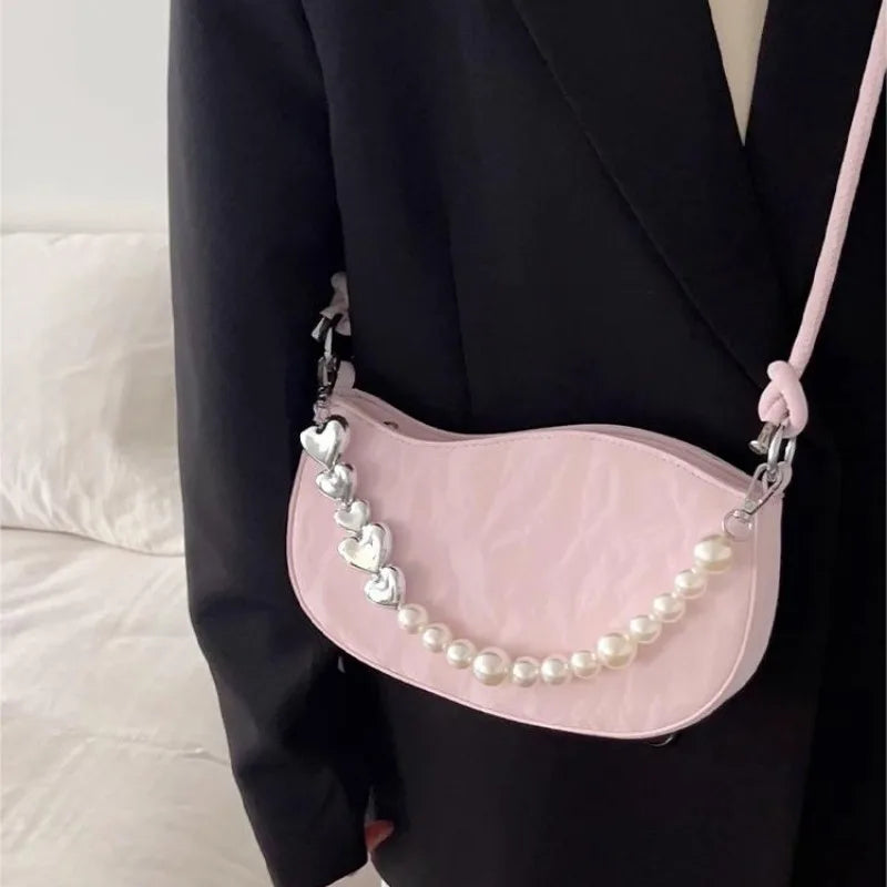 eybag Pink Pearl Womens Shoulder Bag Elegant Chains Beading Leather Korean Fashion Handbag Commuter Casual Ladies Aesthetic Bags