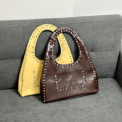 eybag 24 New Retro Rivet Decorative Shoulder Bag European and American Motorcycle Wind Oil Wax Leather Armpit Handbag for Women