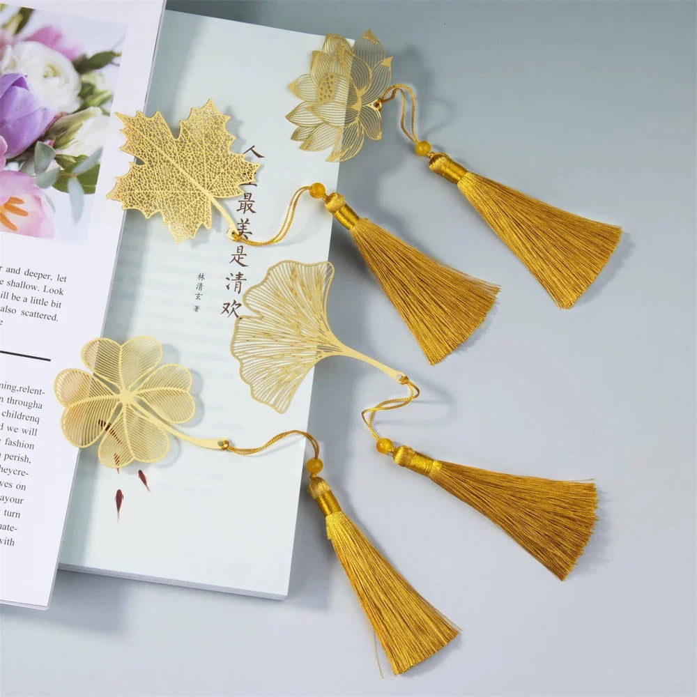 eybag Exquisite Leaf Shape Metal Bookmarks With Tassel Creative Ginkgo Lotus Leaves Book Mark Student Stationery Reading Supplies Gift