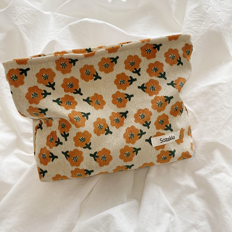 Lkblock Corduroy Make Up Organizer Clutch Bag Retro Flower Print Cosmetic Bag Wash Bag Women Travel Cosmetic Pouch Beauty Storage Cases