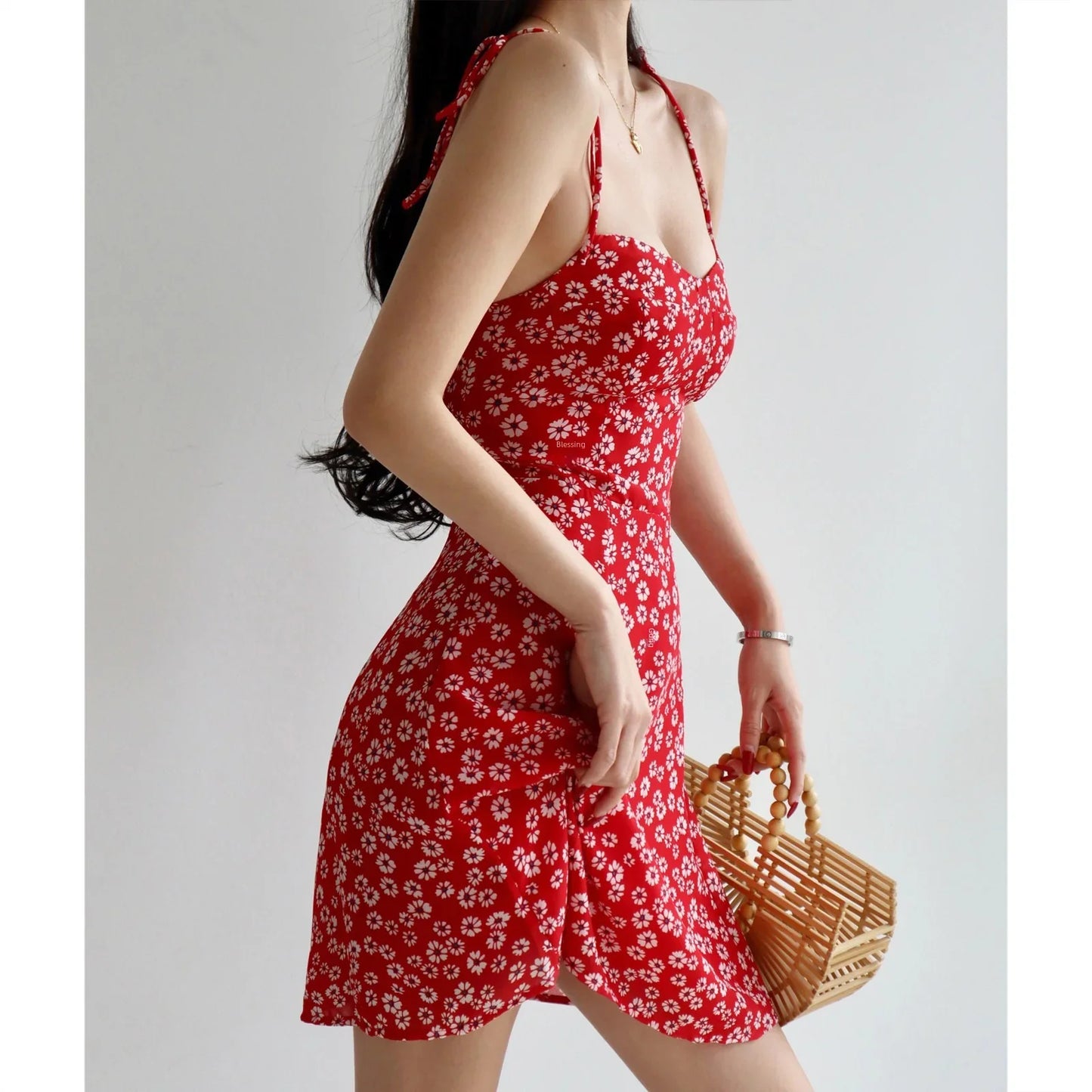 eybag French Vintage Women's Red Bottom Daisy Pattern Slimming Tank Dress Waist-fitted Vacation Style Sleeveless Dress