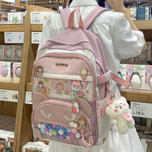 eybag New Multi-pocket Pink Kawaii Girls School Backpack For Teenager Female Book Schoolbag Women Transparent PVC  Nylon Mochila