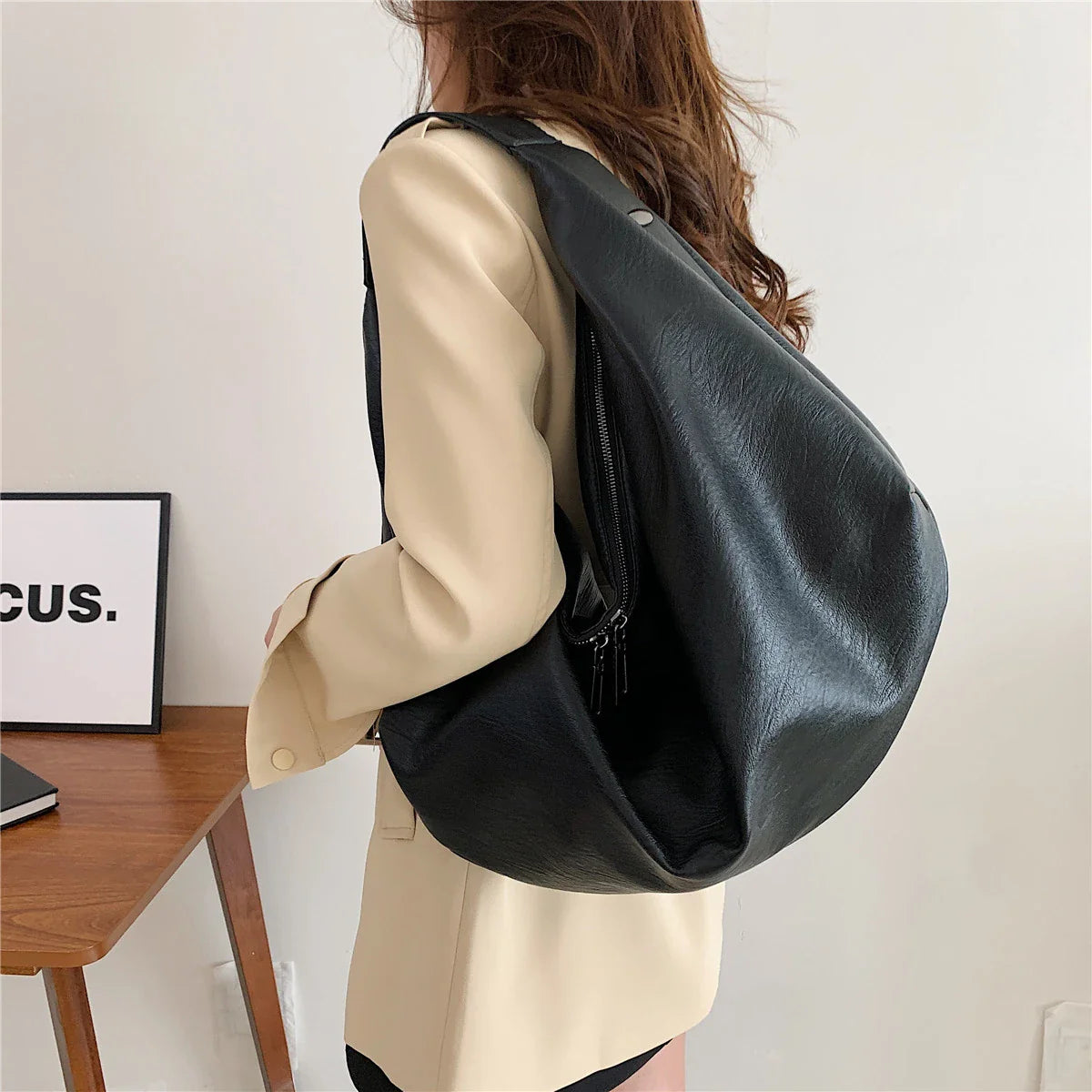 eybag Big Black Shoulder Bags for Women Large Hobo Shopper Bag Solid Color Quality Soft Leather Crossbody Handbag Lady Travel Tote Bag