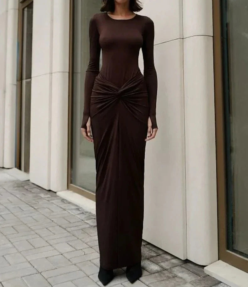 eybag Elegant Two Piece Skirts Set Women Autumn Winter O-neck Long Sleeve Bodysuit and Folds High Slit Dress Evening Party Outfit 2024