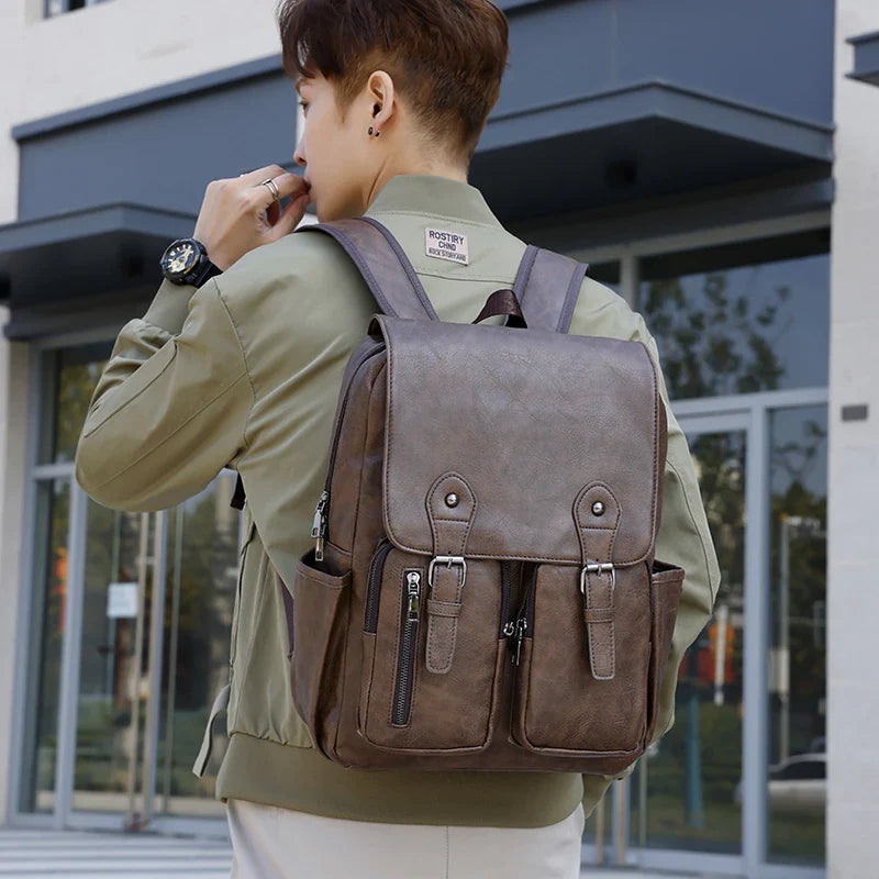 eybag Fashion Trend Men Backpack Computer Students PU Leather Daily Boys Students Bag Fashion Pockets Multi-Zipper For Working