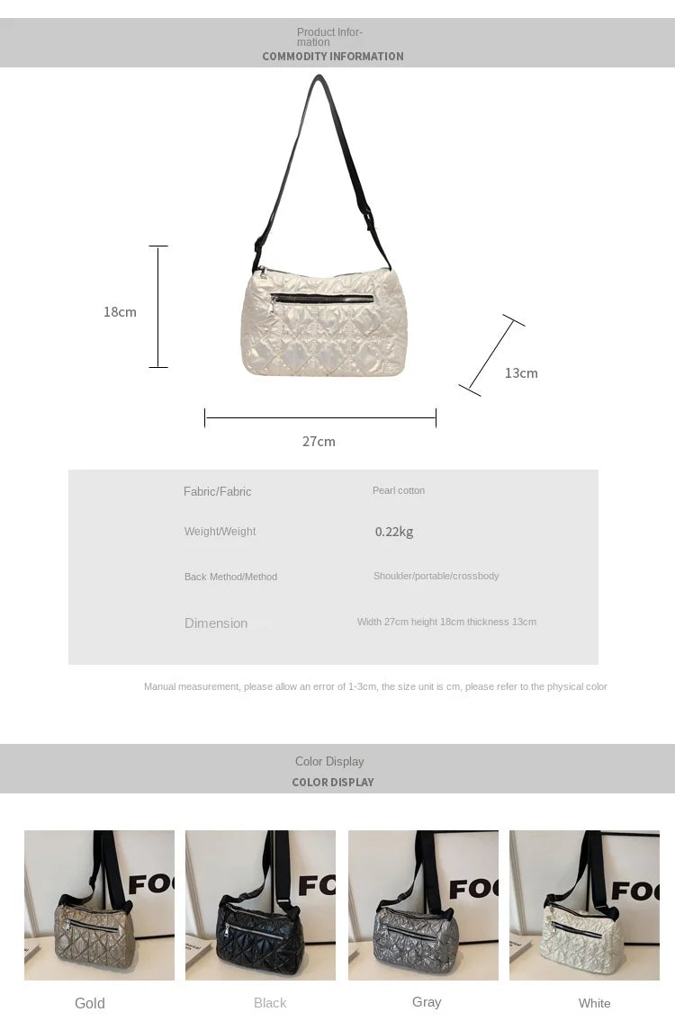 eybag Elegant Folded Quilted Cotton Shoulder Bag For Women New 2024 Luxury Bag Bright Surface Silver Crossbody Bags Bucket Bag Handbag