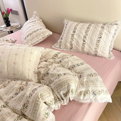 -Vintage Countryside Floral Lace Ruffles Duvet Cover Set, Pillowcases with Bed Sheet, Fitted Sheet, Girls Bedding Set