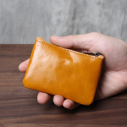 eybag Retro Genuine Leather Mini Zero Wallet For Men And Wom, Solid Color Top Layer Cowhide Zipper Small Card Bag, Minimalist Coin Bag