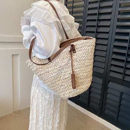 eybag 2023 Summer Straw Beach Basket Bag Fashion Women Rattan Shoulder Bag Large Capacity Woven Hand-made Handbag Female Purse Totes