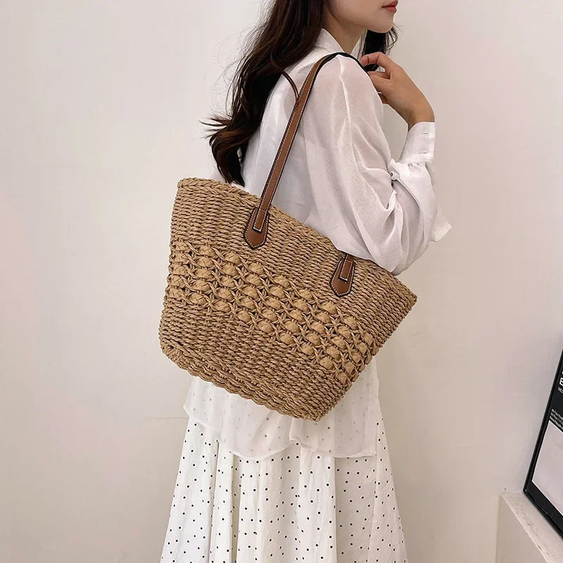 eybag Straw Woven Large Capacity Shoulder Bags Zipper Solid PU Straps Simple Fashion Handbags for Women 2024 Casual Versatile Tote