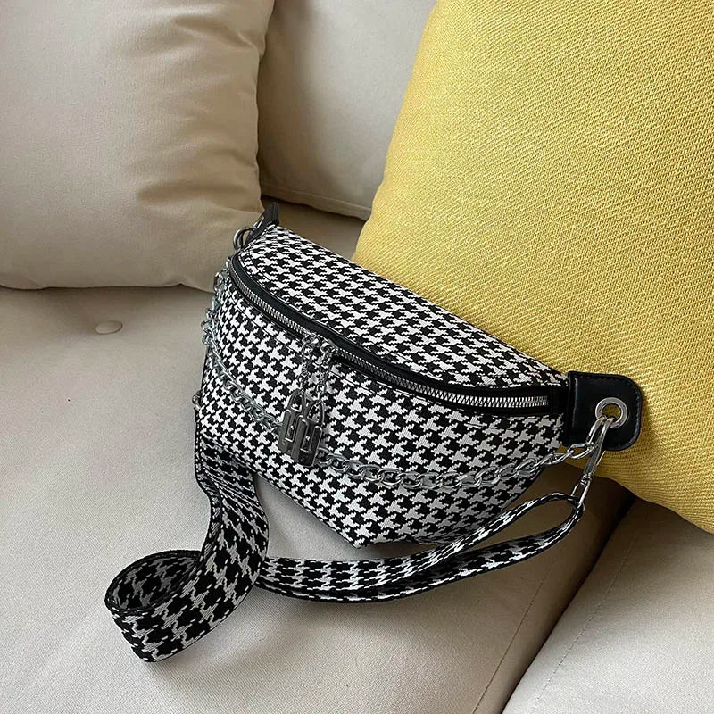 eybag Fashion Chain Waist Bag For Women Houndstooth Chest Bag Quality Leather Fanny Pack Luxury Designer Female Shoulder Crossbody Bag