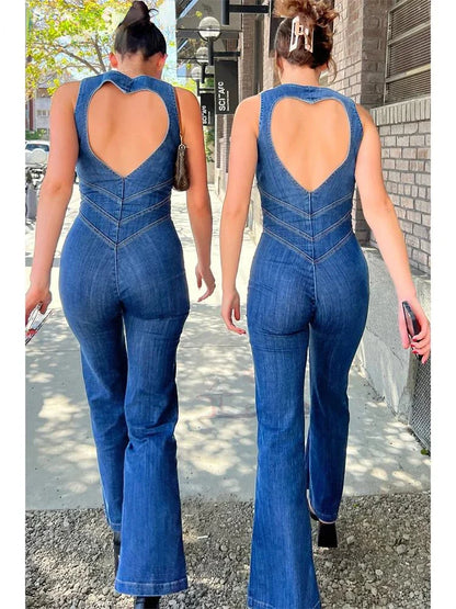 eybag Women's Jumpsuit Bodycon Backless Heart Hollow Out Summer Sexy Sleeveless Slim One-Piece Outfits Retro Denim Jumpsuits