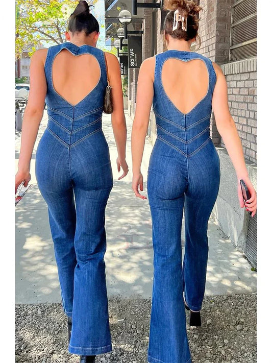 eybag Women's Jumpsuit Bodycon Backless Heart Hollow Out Summer Sexy Sleeveless Slim One-Piece Outfits Retro Denim Jumpsuits