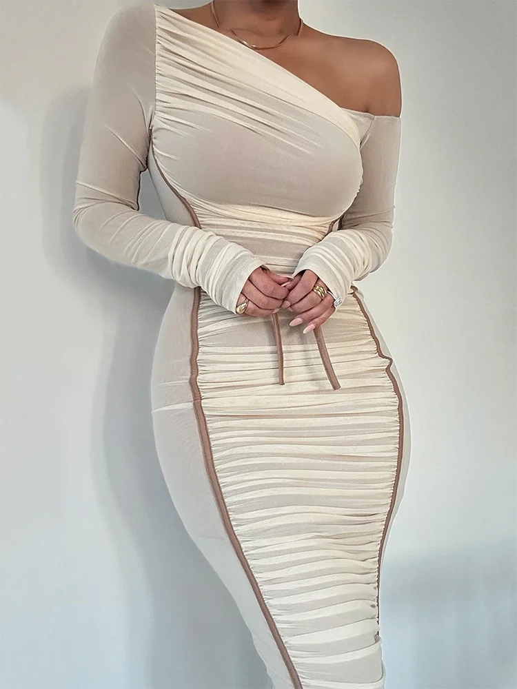 eybag Diagonal Collar Long Sleeve Midi Dress For Women Two Layer Mesh Backless Ruched Bodycon Club Party Sexy Long Dress