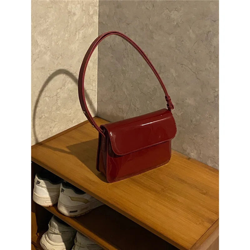 eybag Retro Patent Leather Shoulder Bag For Women Luxury Flap Crossbody Bag Solid Color Underarm Bag Red Crossbody Bag Lady Handbag