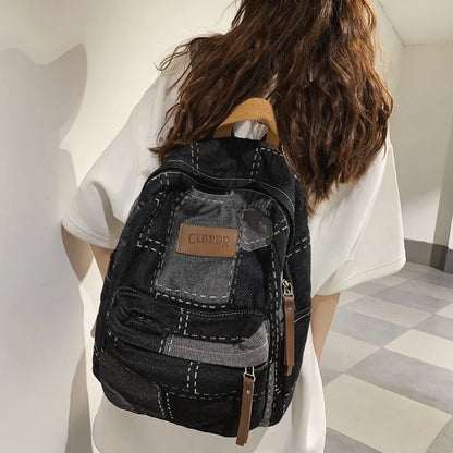 eybag New Washed Denim Patch Women Backpack Trendy Cool College Backpack Large Capacity Men Female Laptop School Bags Travel Book Bag