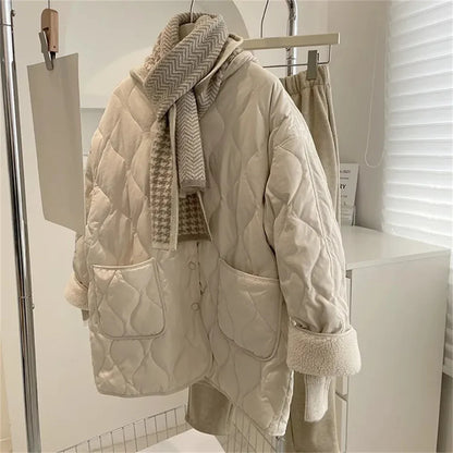 eybag Autumn Winter Women Quilted Jacket Single Breasted Solid V Neck Coat Long Sleeve Loose Fashion Clothes Lady Outfit Warm Clothing