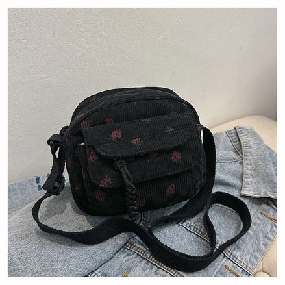 eybag Women Corduroy Crossbody Bag Strawberry Print Multi Layer Shoulder Bag Versatile Phone Purse Small Square Bag Travel Coin Purses