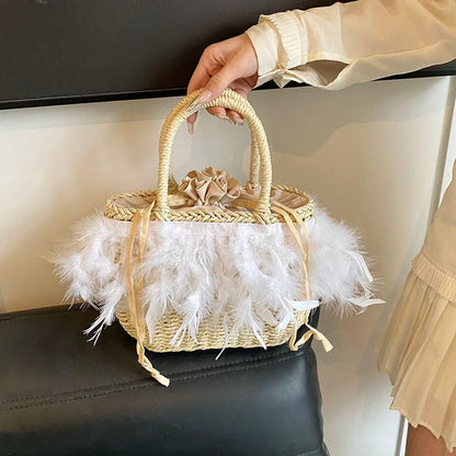 eybag Hot Selling Feather Rattan Woven Drawstring Women's Handbag 2024 Summer Fashion New Product Beach Vacation Niche Design