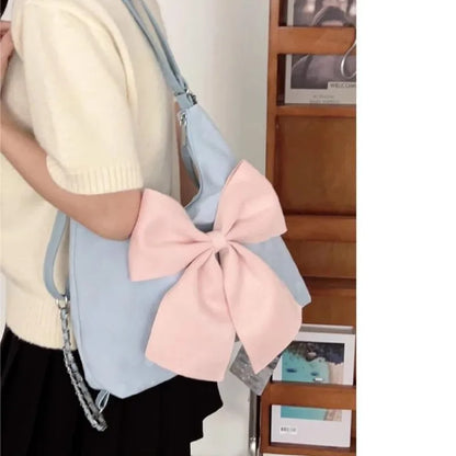 eybag Pink Bow Womens Shoulder Bag Korean Style Fashion Large Capacity Sweet Backpack Cute Exquisite Elegant New Female Tote Bag