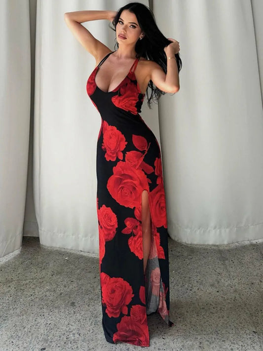 eybag Women's Red Flowers Print High Slit Slip Dress 2024 Summer Elegant Sexy Backless High Waist Sleeveless Long Maxi Holiday Dresses