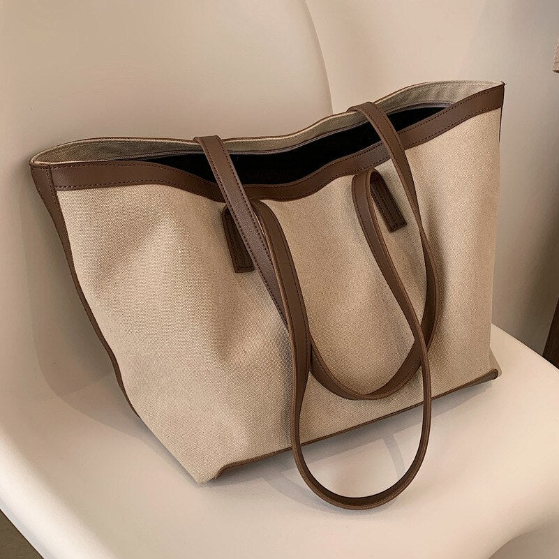 Lkblock New Casual Canvas Tote Bag Large Capacity Simple Style Women Handbags Fashion Patchwork Design Big Shoulder Bag Shopper Sac