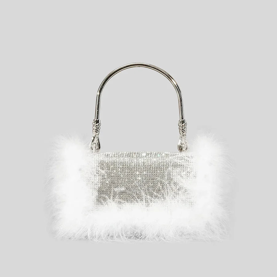 eybag Luxury Ostrich Feather Dianonds Patchwork Evening Handbags Shinny Rhinestone Shoulder Crossbody Bags Glitter Small Party Purses