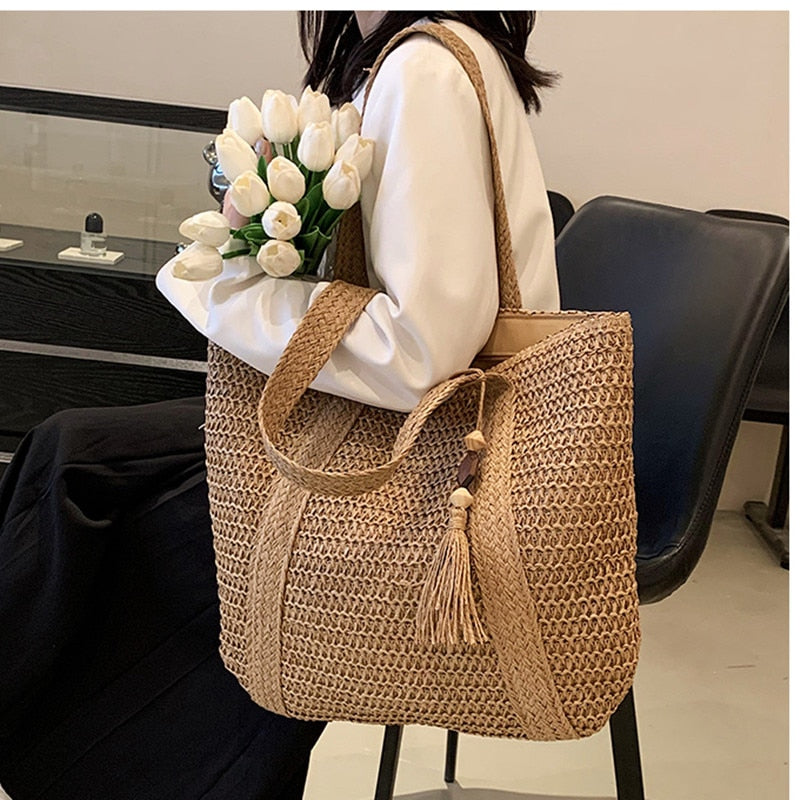 eybag 2023 Straw Braided Bag Hand-woven Simple Handbag Holiday Beach Shoulder Bag Casual Trend Women Large Capacity Tote Shopping Bags