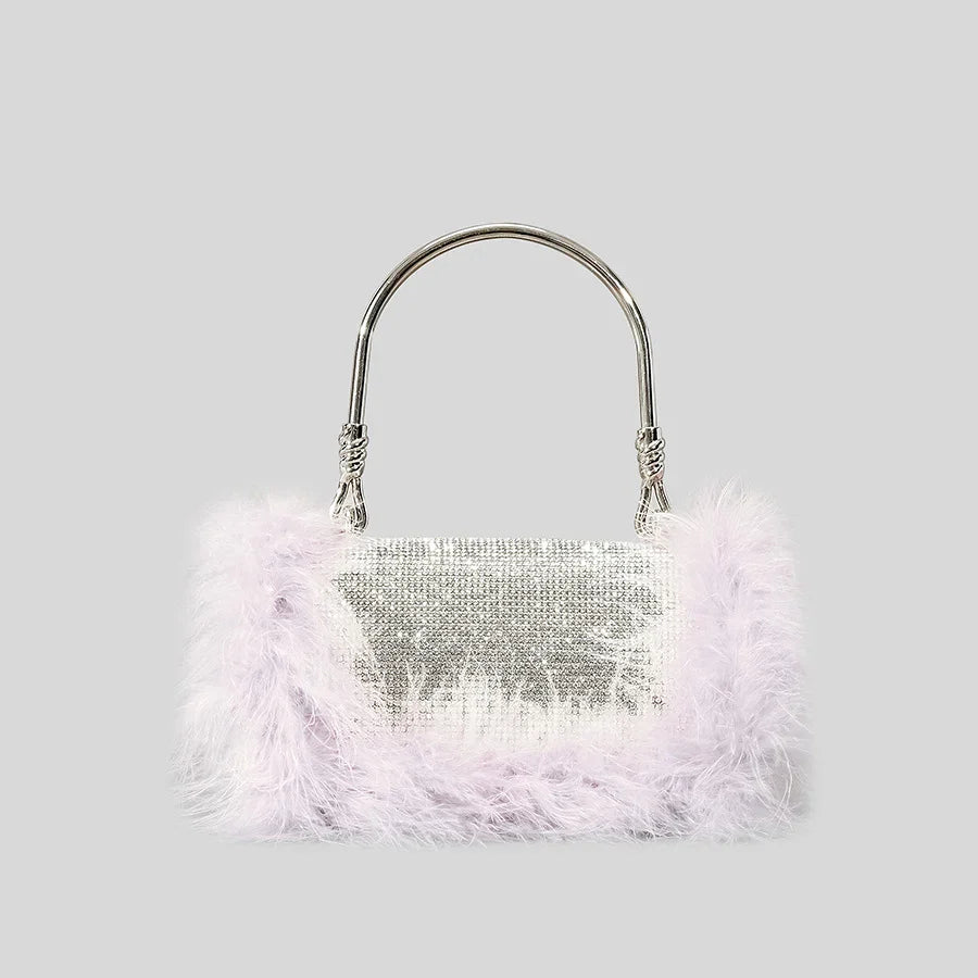 eybag Luxury Ostrich Feather Dianonds Patchwork Evening Handbags Shinny Rhinestone Shoulder Crossbody Bags Glitter Small Party Purses