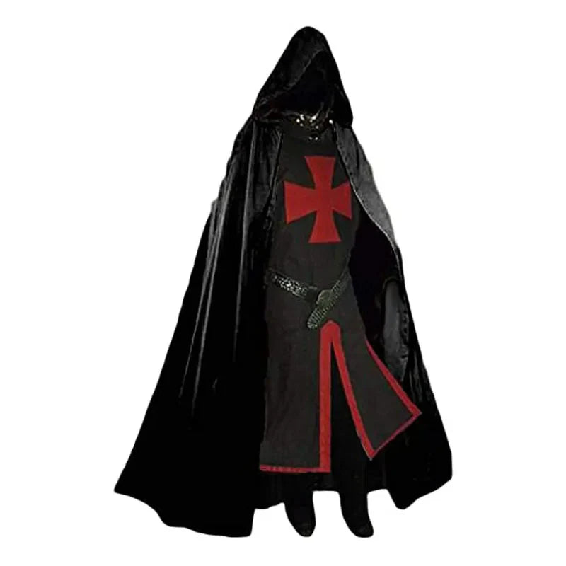 -Halloween Custom Mens Medieval Crusader Knights Templar Tunic Costumes Renaissance Halloween Surcoat Warrior Black Plague Cloak Cosplay Top S-3XL