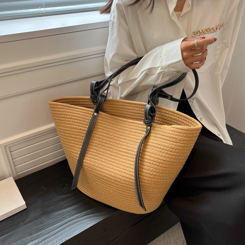 Lkblock Fashion Straw Woven Handbags Women 2022 Large Capacity Handmade Shoulder Shopping Bag Simple Casual Femme Vacation Hand Bags