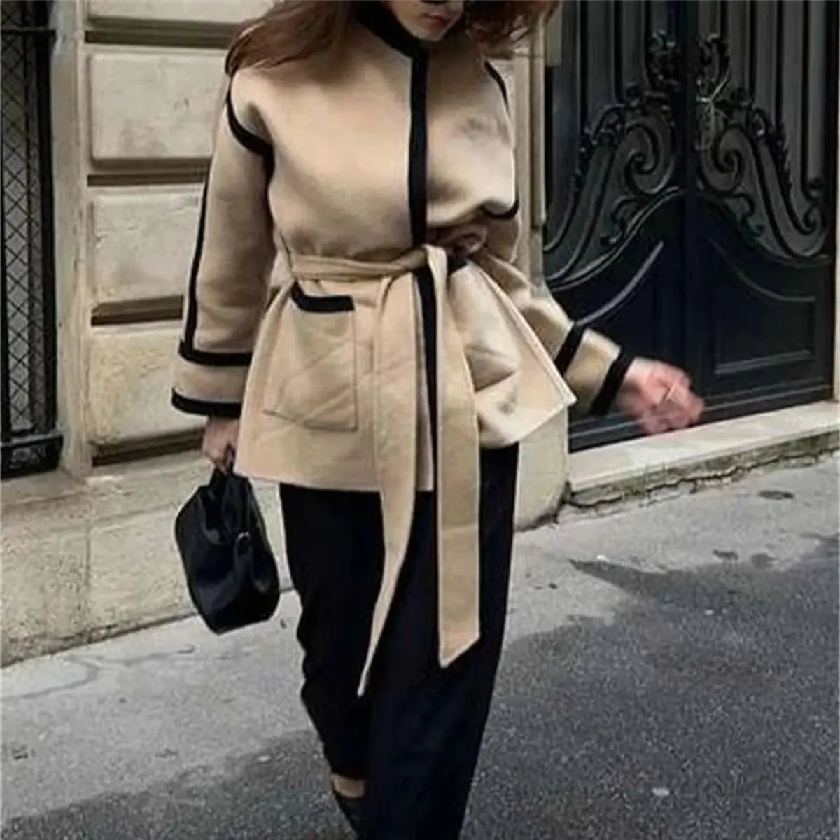 eybag Women Fashion Spliced Contrast Coats Long Sleeve Belt Pocket Decorate 2024 Autumn Winter New In Jacket  Lady Mid-length Outwear