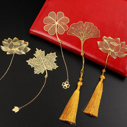 eybag Exquisite Hollow Metal Bookmarks Gold Color Leaf Vein Lotus Shape Book Marks With Tassel Stationery Student Reading Supplies